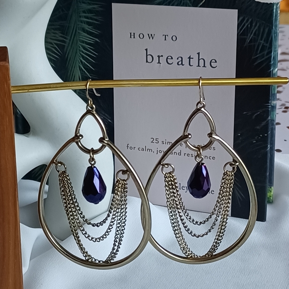 Tear Drop Hoop and Chain Earrings - Picture 3 of 6